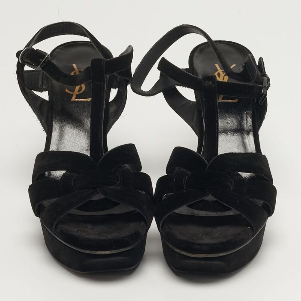 Saint Laurent Tribute Size 38 Black Velvet Platform Sandals - Picture 3 of 7